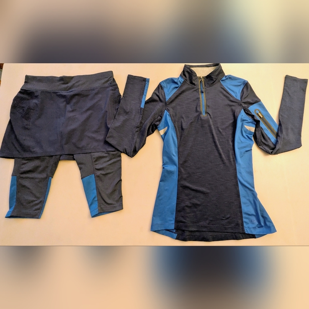 REI Set: Co-Op Blue Quarter 1/4 Zip Pullover & Running 2 in 1 Capri Skort. Sz XS